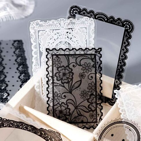 100Pcs Black White Lace Stickers for Scrapbooking Supplies, Aesthetic Frame Border Stickers for Scrapbook Decor, Transparent PET Floral Lace Embellishments for Journaling, Junk Journal Kit in Saudi Arabia