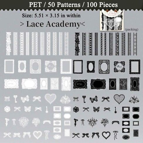 100Pcs Black White Lace Stickers for Scrapbooking Supplies, Aesthetic Frame Border Stickers for Scrapbook Decor, Transparent PET Floral Lace Embellishments for Journaling, Junk Journal Kit in Saudi Arabia
