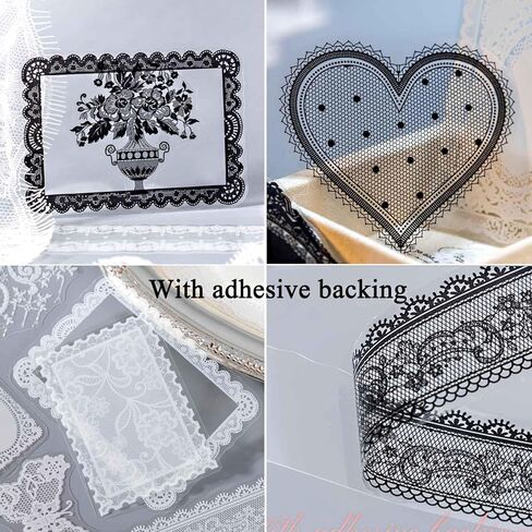 100Pcs Black White Lace Stickers for Scrapbooking Supplies, Aesthetic Frame Border Stickers for Scrapbook Decor, Transparent PET Floral Lace Embellishments for Journaling, Junk Journal Kit in Saudi Arabia