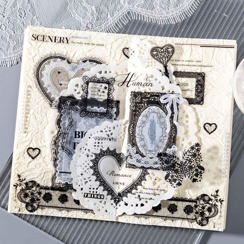 100Pcs Black White Lace Stickers for Scrapbooking Supplies, Aesthetic Frame Border Stickers for Scrapbook Decor, Transparent PET Floral Lace Embellishments for Journaling, Junk Journal Kit in Saudi Arabia