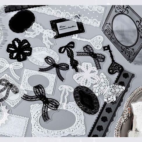 100Pcs Black White Lace Stickers for Scrapbooking Supplies, Aesthetic Frame Border Stickers for Scrapbook Decor, Transparent PET Floral Lace Embellishments for Journaling, Junk Journal Kit in Saudi Arabia