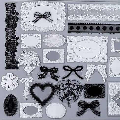 100Pcs Black White Lace Stickers for Scrapbooking Supplies, Aesthetic Frame Border Stickers for Scrapbook Decor, Transparent PET Floral Lace Embellishments for Journaling, Junk Journal Kit in Saudi Arabia