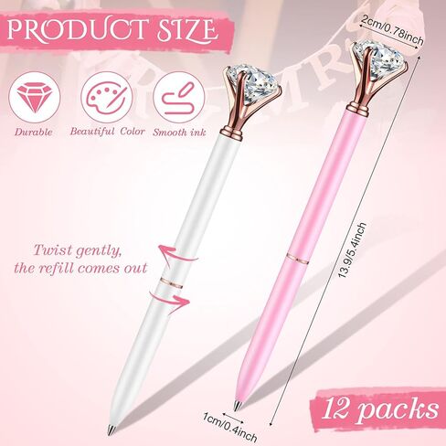 Outus 12 Pcs Diamond Pens, Bling Wedding Crystal Metal Ballpoint Pens for Wedding Bridal Shower Baby Shower Home Office, Elegant Crystal Topped Writing Instruments for Bridesmaid Gifts & Invitations in Kuwait