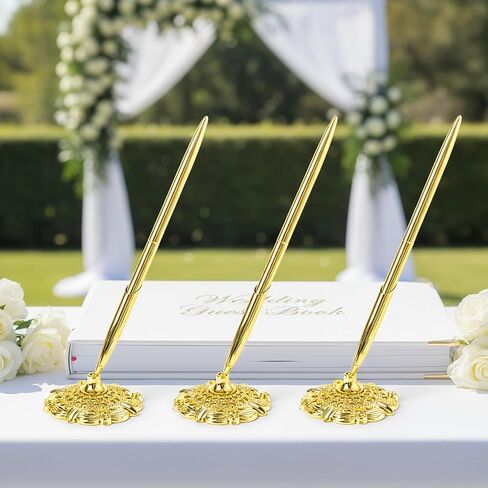 Gold Pen with Stand for Wedding: 3 PCS Golden Plated Ballpoint Pen with Ornate Base for Bride and Groom - Signing for Luxury Wedding Guest Book & Certificate in Saudi Arabia