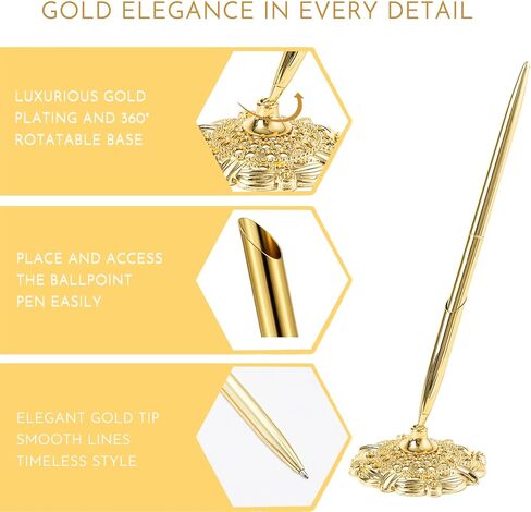 Gold Pen with Stand for Wedding: 3 PCS Golden Plated Ballpoint Pen with Ornate Base for Bride and Groom - Signing for Luxury Wedding Guest Book & Certificate in Saudi Arabia