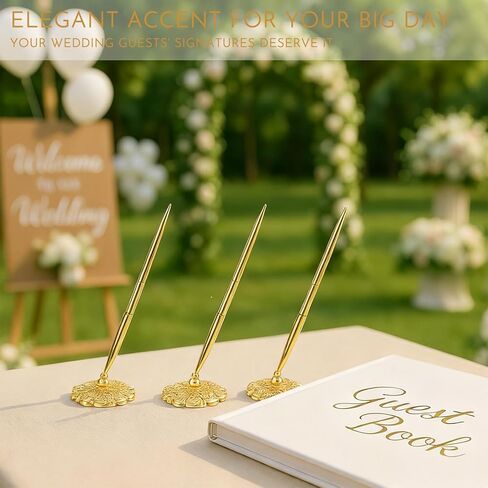 Gold Pen with Stand for Wedding: 3 PCS Golden Plated Ballpoint Pen with Ornate Base for Bride and Groom - Signing for Luxury Wedding Guest Book & Certificate in Saudi Arabia