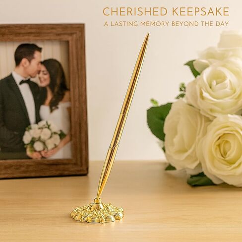 Gold Pen with Stand for Wedding: 3 PCS Golden Plated Ballpoint Pen with Ornate Base for Bride and Groom - Signing for Luxury Wedding Guest Book & Certificate in Saudi Arabia
