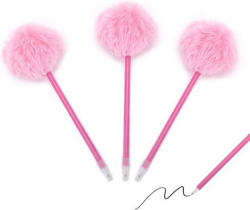 3PCS Pink Pom Pom Pen,Fluffy Ball Cute Plush Fuzzy Pens,Needle Gel Ink Pens,Fluffy Pompoms Plastic Rollerball Pen Cartoon Signature Ball Point Pens For Women Men Office Party Supplies in Saudi Arabia