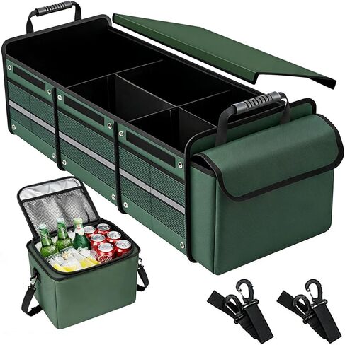 Car Trunk Organizer with Removable Cooler Bag - Collapsible Multi-Compartment Storage for SUV Truck Groceries Camping, Durable Nylon Auto Cargo Organizer (Green) in Saudi Arabia
