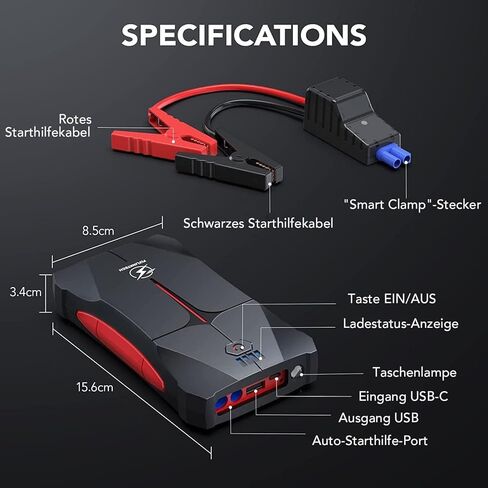 FLYLINKTECH Battery Jump Starter, 1200A Peak 12V Auto Car Battery Booster Pack(6.0L Gas Or 5.0L Diesel), Portable Power Bank with Safe Jumper Cable, LED Flashlight, EC5 Car Cigarette Lighter in Kuwait