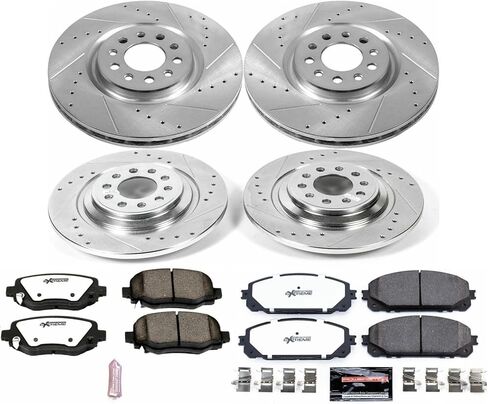 طقم فرامل أمامية وخلفية PowerStop لسيارة جيب شيروكي 2016-23 - وسادات فرامل سيراميك من ألياف الكربون للشاحنة والسحب + ترقية الدوارات المحفورة والمشقوقة، K7415-36 in Kuwait