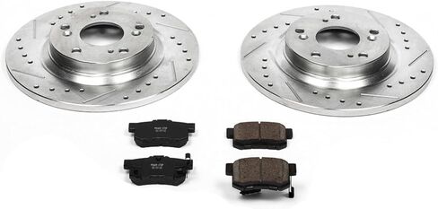 طقم فرامل خلفية PowerStop لسيارة Honda S2000 2000-09 - دوارات قرصية محفورة ومشقوقة مع استبدال وسادات الفرامل السيراميكية من ألياف الكربون، K2310 in Kuwait
