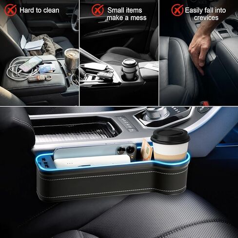 2 Pack Car Gap Filler Organizer with Charger Upgrade LED Seat Gap Organizer Box with Cup Holder Card Slot Larger Storage Space Reducing Item Loss in Saudi Arabia