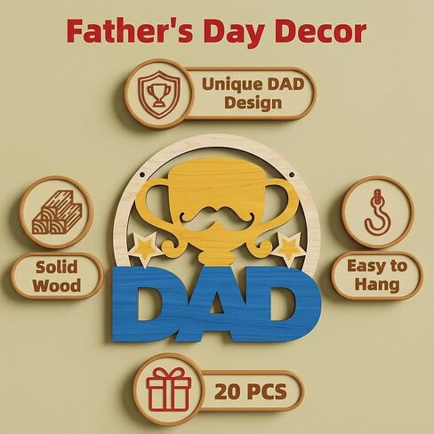 20 Pcs Father's Day DIY Wooden Craft Cutouts, Unfinished Smooth DAD Trophy Wood Ornaments with Pre-Drilled Holes, Father's Day Party Favors, Classroom Handmade Painting Decorations in Saudi Arabia