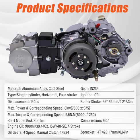 140CC 4-Stroke Horizontal Racing Engine, Kick Starter Single-Cylinder Horizontal Motorcycle Dirt Bike Motor Pitbike 4 Speed Manual Clutch Carburetor for CRF50 CRF70 XR50 XR70 Z50 Z50R in Saudi Arabia