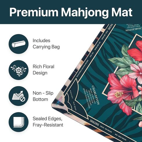 Mahjong Mat 4mm Extra Thick, 33.5 Inch Non-Slip Rubber Mah Jongg Table Mat - Rolled Crease-Free, Waterproof Neoprene, Green Floral Mahjong Mat with Printed Rules & Travel Bag in Kuwait