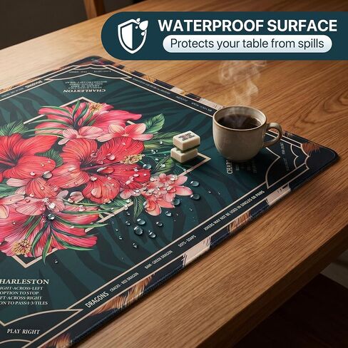 Mahjong Mat 4mm Extra Thick, 33.5 Inch Non-Slip Rubber Mah Jongg Table Mat - Rolled Crease-Free, Waterproof Neoprene, Green Floral Mahjong Mat with Printed Rules & Travel Bag in Kuwait