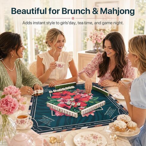 Mahjong Mat 4mm Extra Thick, 33.5 Inch Non-Slip Rubber Mah Jongg Table Mat - Rolled Crease-Free, Waterproof Neoprene, Green Floral Mahjong Mat with Printed Rules & Travel Bag in Kuwait