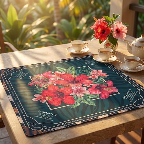 Mahjong Mat 4mm Extra Thick, 33.5 Inch Non-Slip Rubber Mah Jongg Table Mat - Rolled Crease-Free, Waterproof Neoprene, Green Floral Mahjong Mat with Printed Rules & Travel Bag in Kuwait