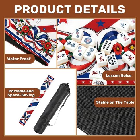 American Mahjong Mat with Bag, 31.5"x 31.5" Non Slip Patriotic Red White Blue Stripes Stars Floral , Gaming Pad for Mahjong, Poker, Dominoes, Card and Board Tile Games, 4th of July Decor in Saudi Arabia
