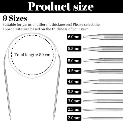 Circular Knitting Needles Set, 9 Pack Round Knitting Needles, Stainless Steel Knitting Needles Kit, 32 Inch Round Long Smooth Metal Knitting Needles for Beginners Making Sweater Scarf Blanket(9 Sizes) in Saudi Arabia