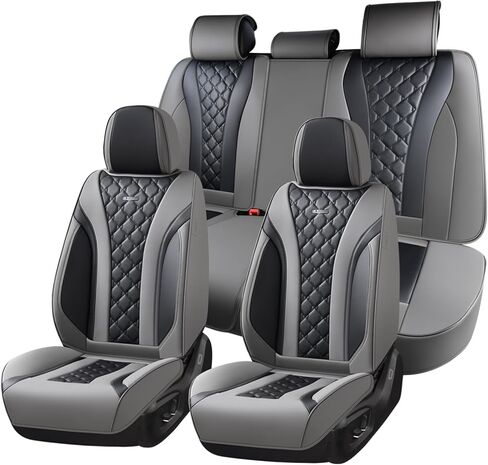 Coverado Leather Seat Covers, Car Seat Covers Full Set, Perforated Diamond Leather Car Seat Cover, Waterproof Car Seat Protector Seat Cushion, Universal 5 Seats Seat Cover Fit for Most Cars, Gray in Saudi Arabia