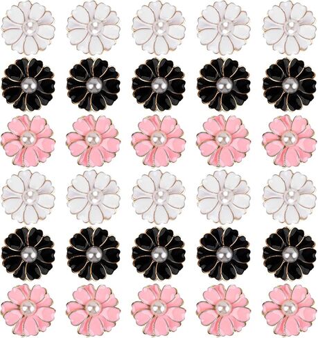 AUEAR, 30 Pack Pearl Buttons Enamel Flower Sewing Button Metal Flat Back Beads Embellishments Without Hole for Jewelry Making Crafts Wedding Home Decor in Kuwait