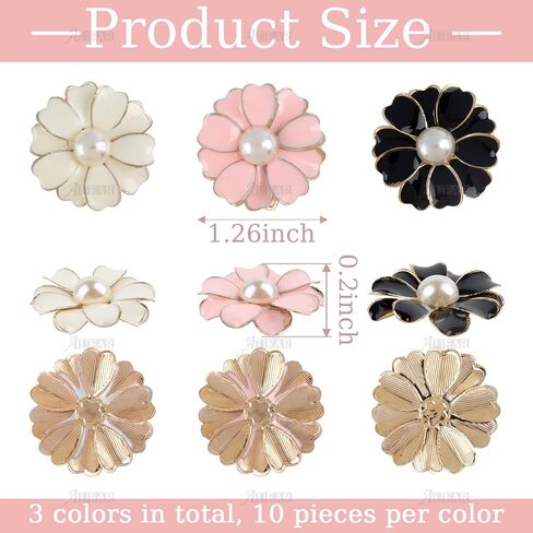AUEAR, 30 Pack Pearl Buttons Enamel Flower Sewing Button Metal Flat Back Beads Embellishments Without Hole for Jewelry Making Crafts Wedding Home Decor in Kuwait