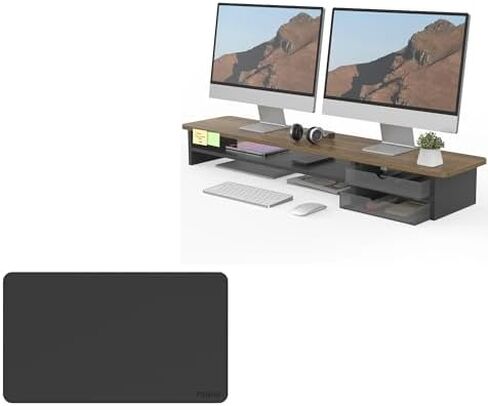 Fenge Dual Monitor Stand with Drawer & Desk Pad Bundle, 42.5 Inch 2-Tier Wooden Monitor Riser (Wooden & Metal Structure) & 23.6×13.8 Inch Double-Sided Waterproof Mouse Mat for Home Office in Saudi Arabia