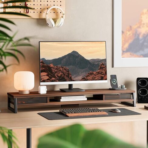 Fenge Dual Monitor Stand with Drawer & Desk Pad Bundle, 42.5 Inch 2-Tier Wooden Monitor Riser (Wooden & Metal Structure) & 23.6×13.8 Inch Double-Sided Waterproof Mouse Mat for Home Office in Saudi Arabia
