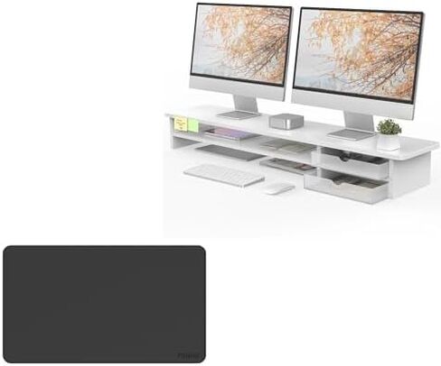 Fenge Dual Monitor Stand with Drawer & Desk Pad Bundle, 42.5 Inch 2-Tier Wood Monitor Riser & 23.6×13.8 Inch Double-Sided Waterproof Mouse Mat for Home Office in Saudi Arabia
