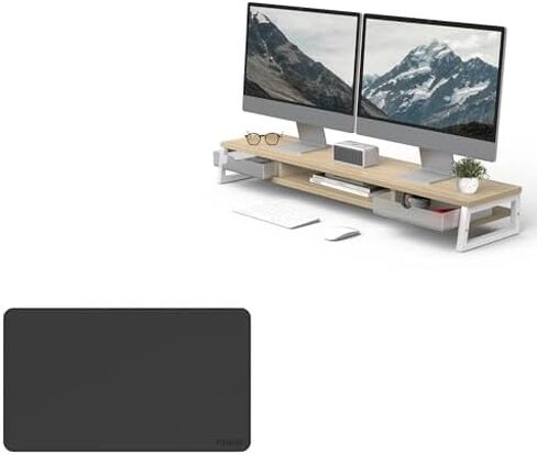 Fenge Dual Monitor Stand with Drawer & Desk Pad Bundle, 42.5 Inch 2-Tier Wooden Monitor Riser (Wooden & Metal Structure) & 23.6×13.8 Inch Double-Sided Waterproof Mouse Mat for Home Office in Saudi Arabia