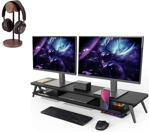 Fenge Dual Monitor Stand Riser for 2 Monitors, 11.3" Solid Wood Headphone Stand for Desk in Saudi Arabia