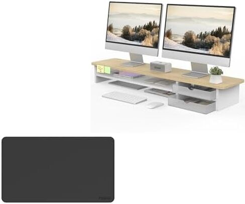 Fenge Dual Monitor Stand with Drawer & Desk Pad Bundle, 42.5 Inch 2-Tier Wood Monitor Riser & 23.6×13.8 Inch Double-Sided Waterproof Mouse Mat for Home Office in Saudi Arabia