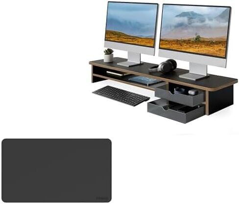 Fenge Dual Monitor Stand with Drawer & Desk Pad Bundle, 42.5 Inch 2-Tier Wood Monitor Riser & 23.6×13.8 Inch Double-Sided Waterproof Mouse Mat for Home Office in Saudi Arabia