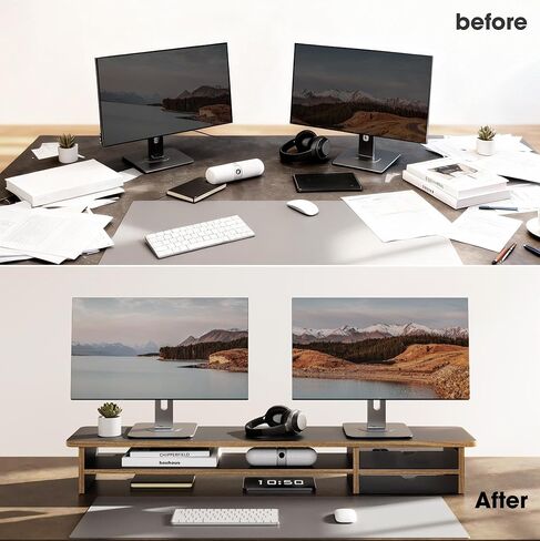 Fenge Dual Monitor Stand with Drawer & Desk Pad Bundle, 42.5 Inch 2-Tier Wood Monitor Riser & 23.6×13.8 Inch Double-Sided Waterproof Mouse Mat for Home Office in Saudi Arabia