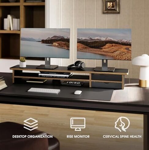 Fenge Dual Monitor Stand with Drawer & Desk Pad Bundle, 42.5 Inch 2-Tier Wood Monitor Riser & 23.6×13.8 Inch Double-Sided Waterproof Mouse Mat for Home Office in Saudi Arabia