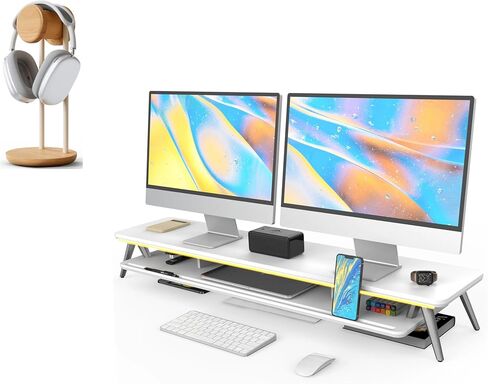 Fenge Dual Monitor Stand Riser for 2 Monitors, 11.3" Solid Wood Headphone Stand for Desk in Saudi Arabia