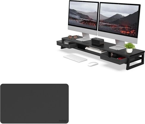 Fenge Dual Monitor Stand with Drawer & Desk Pad Bundle, 42.5 Inch 2-Tier Wooden Monitor Riser (Wooden & Metal Structure) & 23.6×13.8 Inch Double-Sided Waterproof Mouse Mat for Home Office in Saudi Arabia