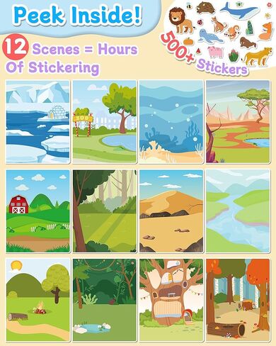 Zartores 500+ Sticker Book for Kids, Coloring & Activity Sticker Book, Toddler Airplane Travel Toys Gifts, Road Trip Essentials, Screen Free Quiet Games, 12 Coloring Pages 12 Scenes - Animal in Saudi Arabia