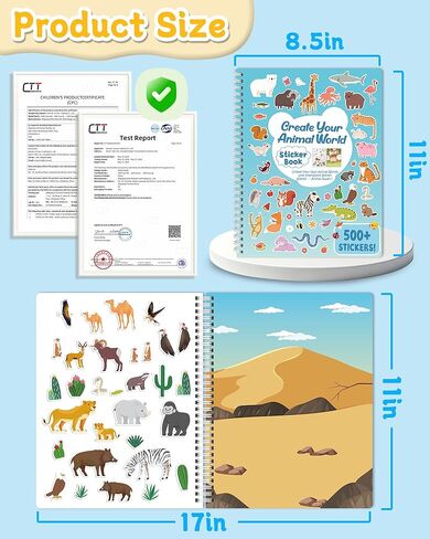 Zartores 500+ Sticker Book for Kids, Coloring & Activity Sticker Book, Toddler Airplane Travel Toys Gifts, Road Trip Essentials, Screen Free Quiet Games, 12 Coloring Pages 12 Scenes - Animal in Saudi Arabia