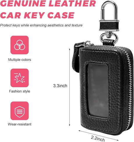 Car Key Fob Case, Genuine Leather Remote Keychain Holder with Carabiner & Zipper Closure, Waterproof Smart Key Fob Holder Portable Keychain Bag for Cars Trucks SUVs (Black) in Saudi Arabia