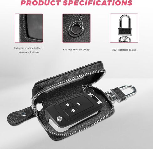 Car Key Fob Case, Genuine Leather Remote Keychain Holder with Carabiner & Zipper Closure, Waterproof Smart Key Fob Holder Portable Keychain Bag for Cars Trucks SUVs (Black) in Saudi Arabia