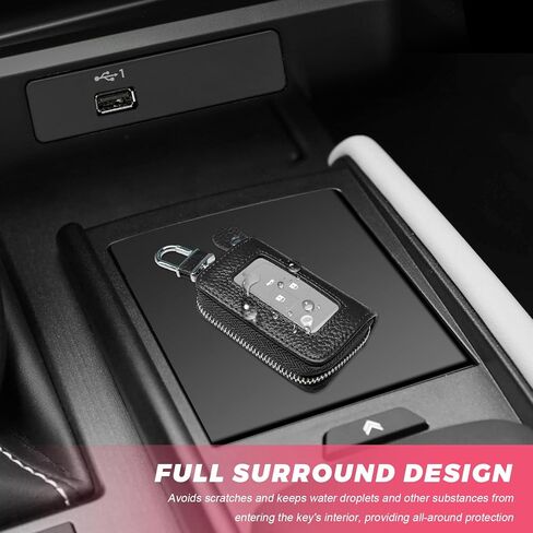 Car Key Fob Case, Genuine Leather Remote Keychain Holder with Carabiner & Zipper Closure, Waterproof Smart Key Fob Holder Portable Keychain Bag for Cars Trucks SUVs (Black) in Saudi Arabia