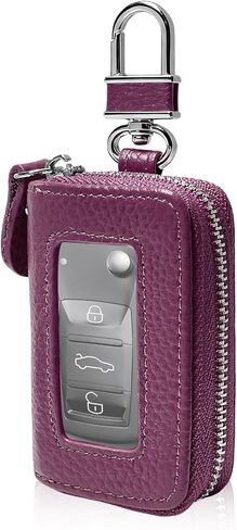 Car Key Fob Case, Genuine Leather Remote Keychain Holder with Carabiner & Zipper Closure, Waterproof Smart Key Fob Holder Portable Keychain Bag for Cars Trucks SUVs (Black) in Saudi Arabia