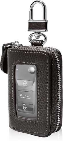 Car Key Fob Case, Genuine Leather Remote Keychain Holder with Carabiner & Zipper Closure, Waterproof Smart Key Fob Holder Portable Keychain Bag for Cars Trucks SUVs (Black) in Saudi Arabia
