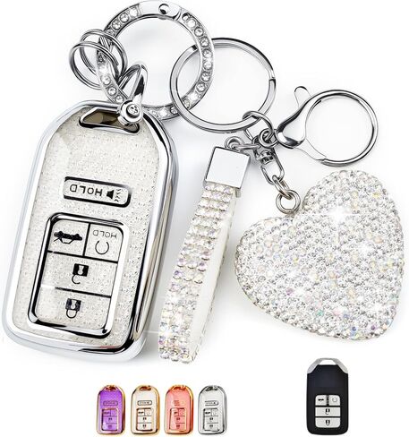 غطاء مفتاح Fob مع سلسلة مفاتيح Diamond Bling للنساء، حامل مفاتيح السيارة متوافق مع Honda 2016 2017 2018 2019 2020 2021 إلخ، حافظة مفاتيح TPU وسلسلة مفاتيح قلب أنيقة (فضي، قطعة واحدة) in Kuwait