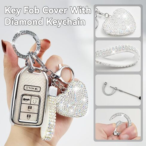 غطاء مفتاح Fob مع سلسلة مفاتيح Diamond Bling للنساء، حامل مفاتيح السيارة متوافق مع Honda 2016 2017 2018 2019 2020 2021 إلخ، حافظة مفاتيح TPU وسلسلة مفاتيح قلب أنيقة (فضي، قطعة واحدة) in Kuwait