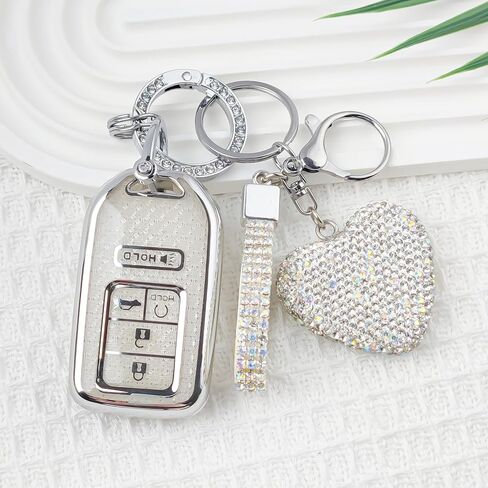 غطاء مفتاح Fob مع سلسلة مفاتيح Diamond Bling للنساء، حامل مفاتيح السيارة متوافق مع Honda 2016 2017 2018 2019 2020 2021 إلخ، حافظة مفاتيح TPU وسلسلة مفاتيح قلب أنيقة (فضي، قطعة واحدة) in Kuwait