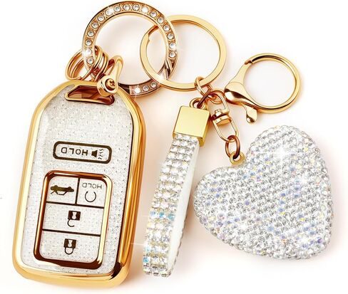 Key Fob Cover with Diamond Bling Keychain for Women, Car Key Holder Compatible with Honda 2016 2017 2018 2019 2020 2021 etc, TPU Key Case and Elegant Heart Key Chain (Silver, 1PCS) in Saudi Arabia